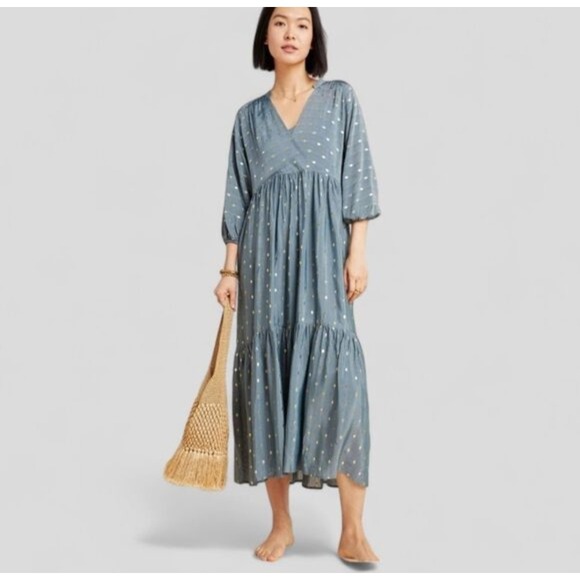 Anthropologie Dresses & Skirts - Anthropologie Stormy Blue‎ Tiered Maxi Dress Metallic Dot Napoli Size M